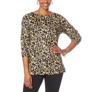 Antthony Statement Print 3/4 Lantern-Sleeve Pullover Top in Black